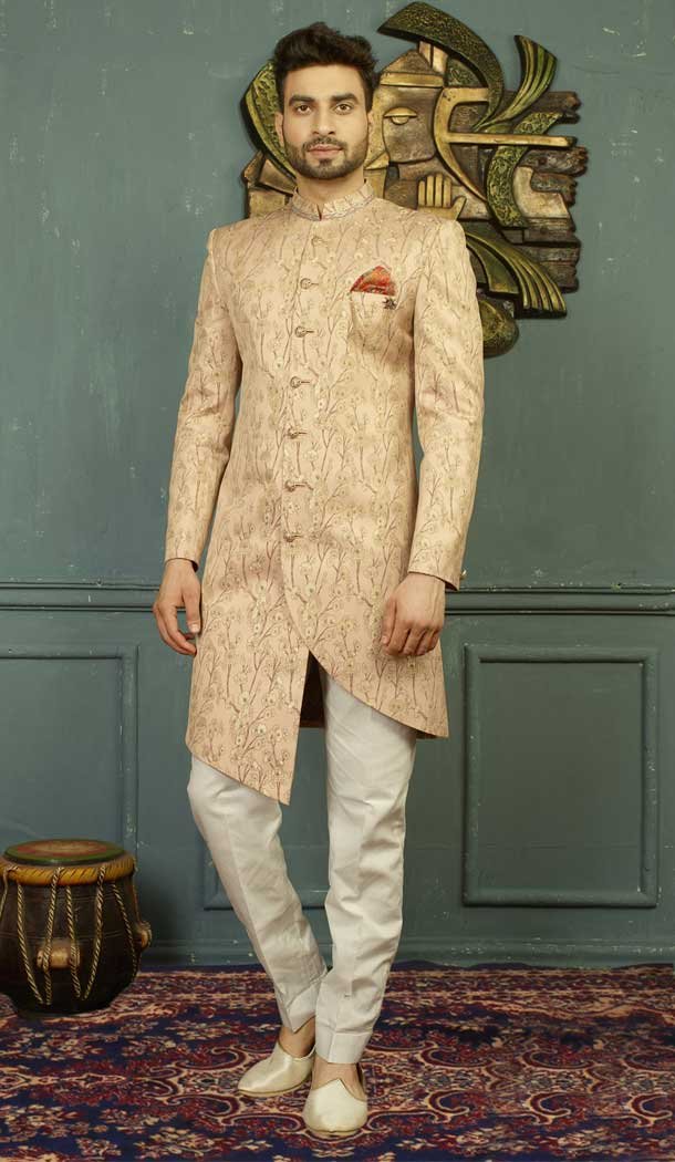 Peach Color Jacquard Men's Wear Kurta Pajama with Plus Size - 395747820