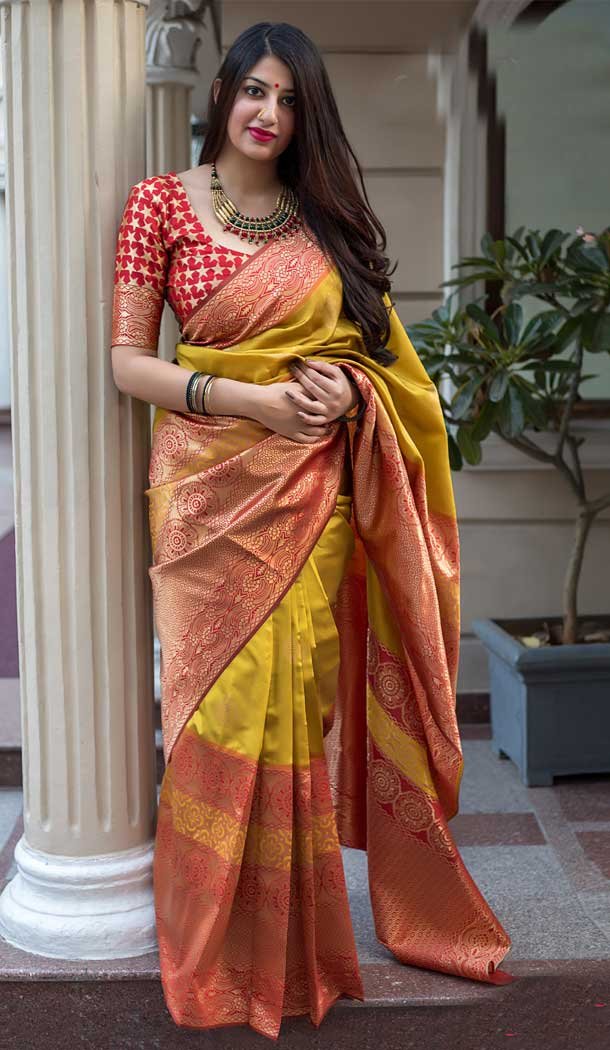 Women Designer Barnabas Silk Yellow Color Saree Blouse - 397447920