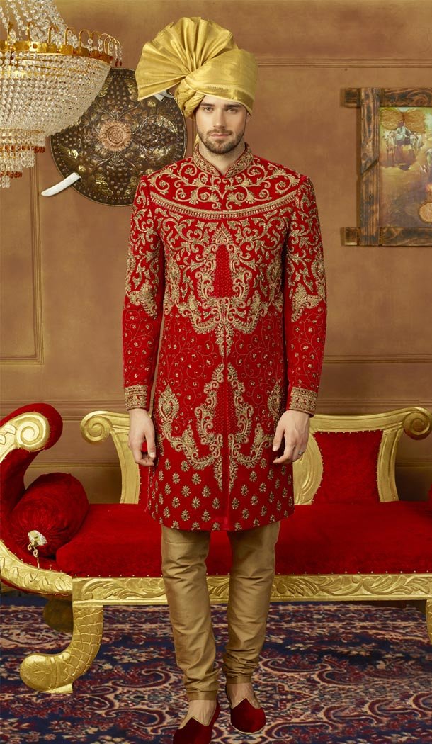 Men Wedding Designer Heavy Velvet Sherwani in Red - 395647774