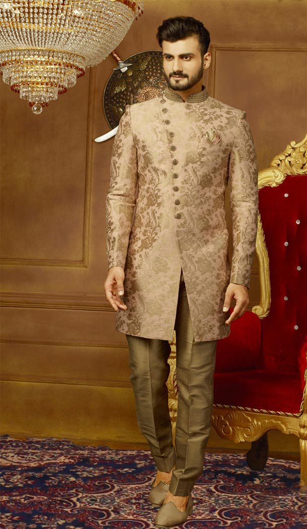Men Wedding Designer Heavy Jacquard Silk Sherwani in Old Rose - 395647790