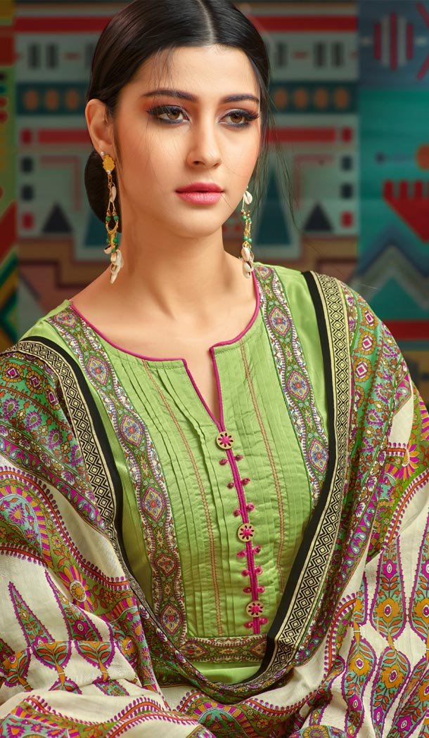 Green Color Chanderi Cotton Printed Casual Wear Palazzo Suit - 400348265