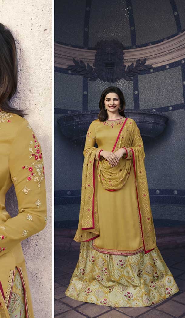 Prachi Desai Party Wear Lehenga Suit in Satin Georgette with Yellow Color - 58707997