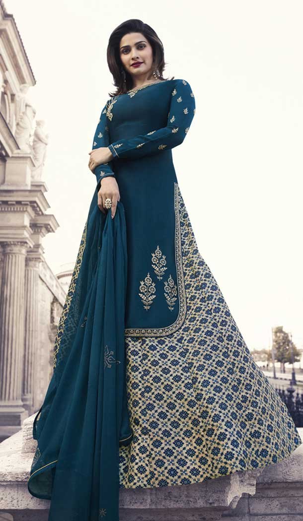 Prachi Desai Party Wear Lehenga Suit in Satin Georgette with Blue Color - 58707998