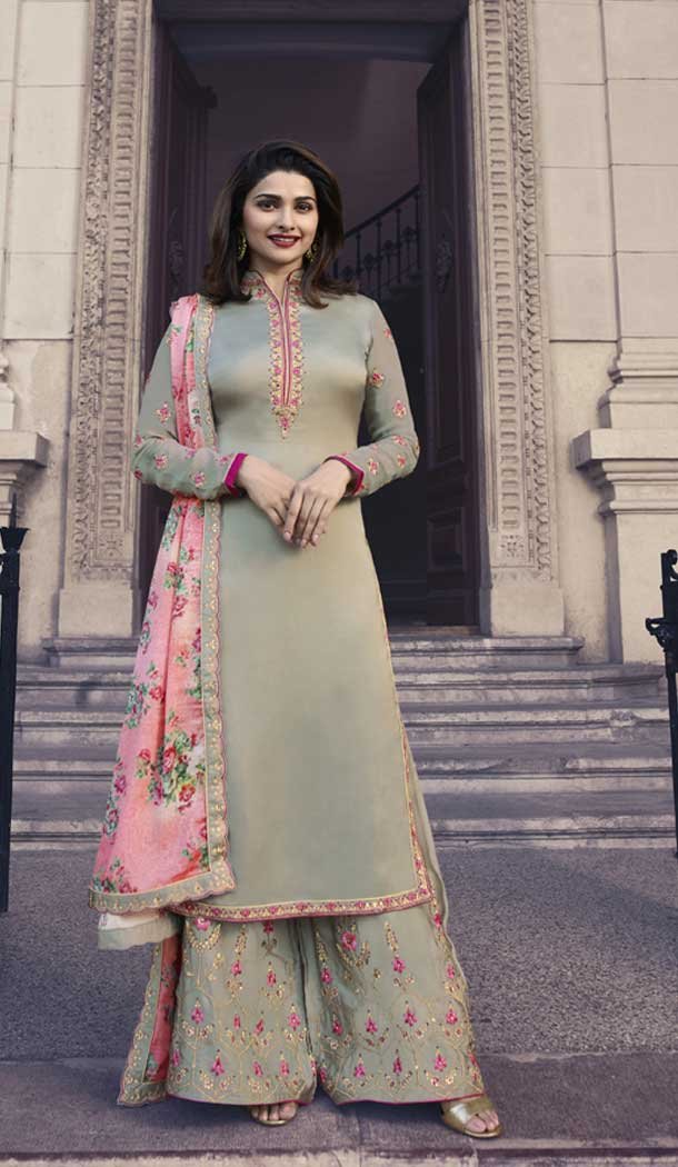 Prachi Desai Party Wear Palazzo Suit in Satin Georgette with Pastel Green Color - 58707802