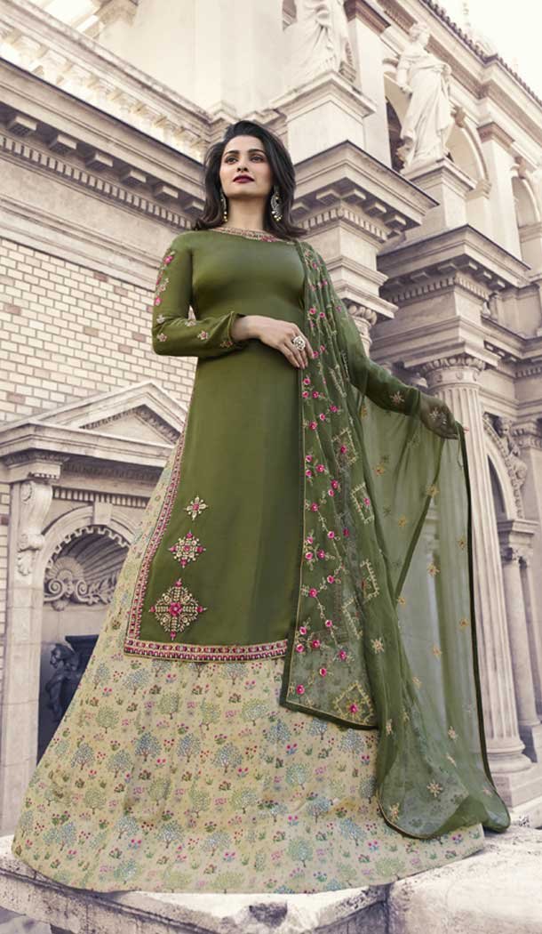 Prachi Desai Party Wear Lehenga Suit in Satin Georgette with Olive Green Color - 58707803