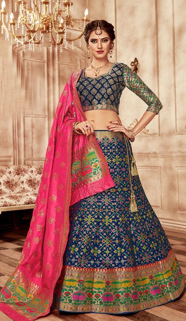 Dark Blue Color Pure Banarasi Silk Designer Lehenga Choli - 395247691
