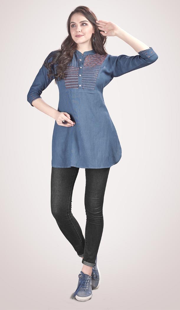 Blue Color Rayon Flex Party Wear Ready Made Short Kurti - 401248445