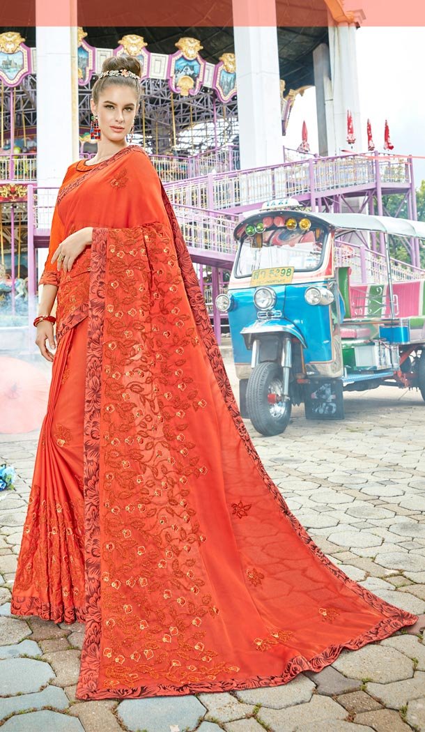 Orange Color Chiffon Resham Embroidery Party Saree Blouse For Women - 58968337