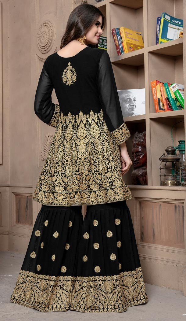 Pakistani Style Designer Black Color Georgette Sharara Suit For Women - 59098476
