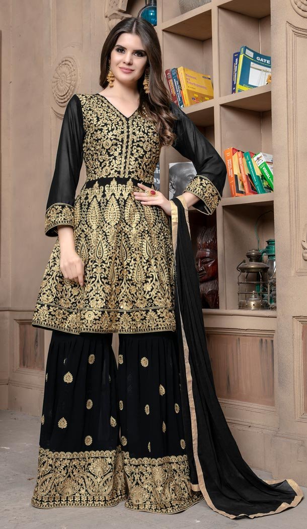 Pakistani Style Designer Black Color Georgette Sharara Suit For Women - 59098476