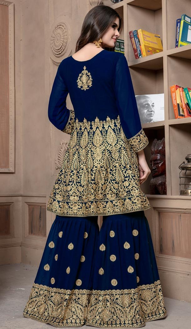 Pakistani Style Designer Navy Blue Color Georgette Sharara Suit For Women - 59098478