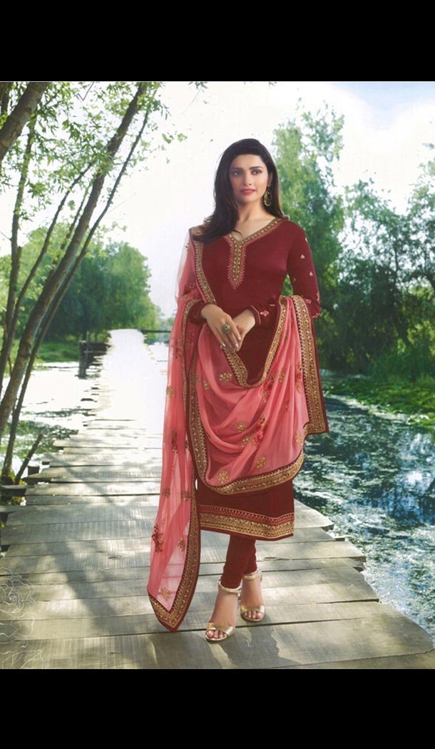 Prachi Desai Tv Actress Maroon Color Satin Georgette Party Salwar Kameez - 59118490