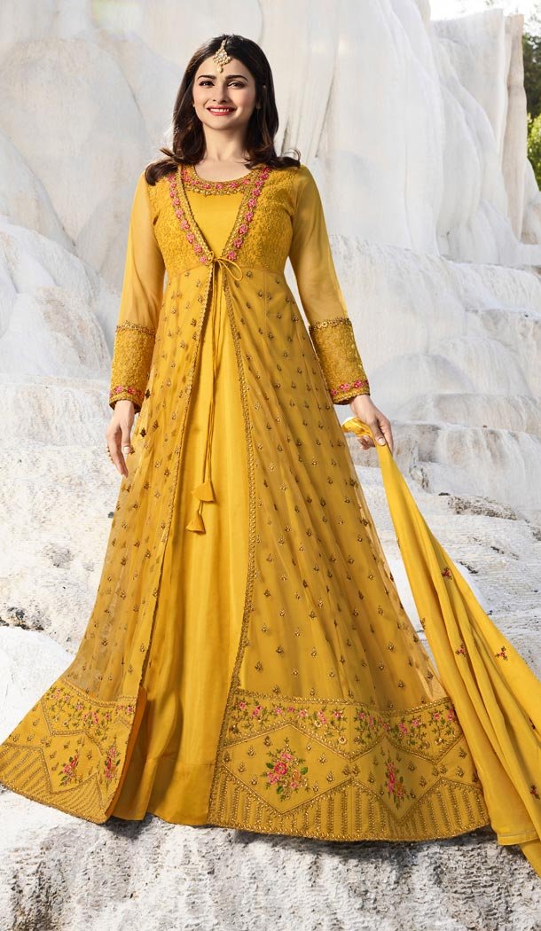 Prachi Desai Tv Actress Yellow Color Net Art Silk Designer Floor Length Salwar Kameez - 59158532