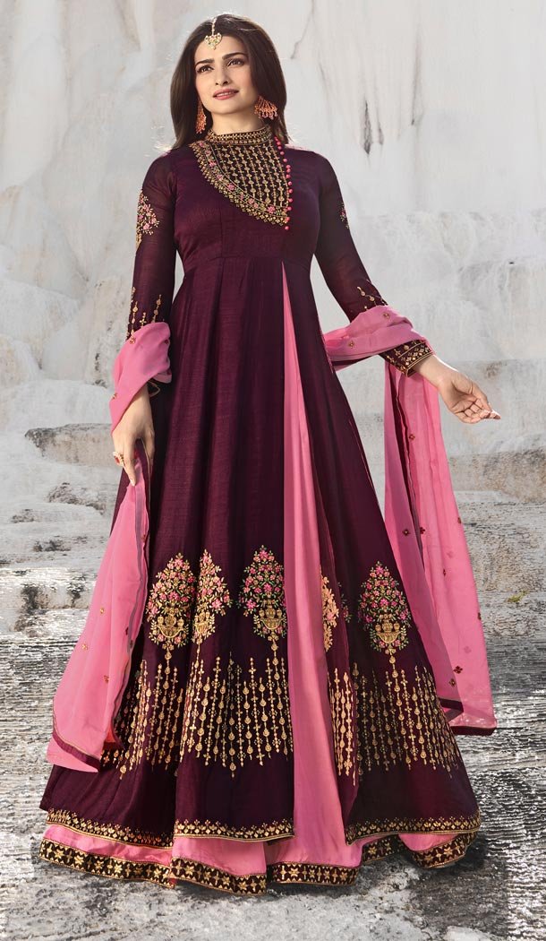 Prachi Desai Tv Actress Wine Color Georgette Art Silk Designer Floor Length Salwar Kameez - 59158536