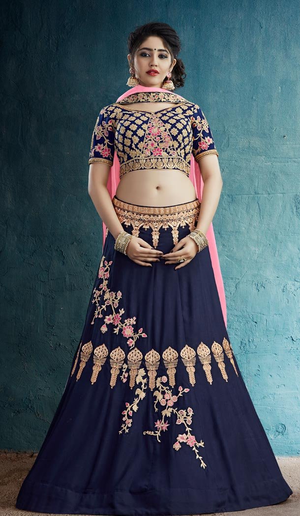 Navy Blue Color Rayon Silk Designer Wear Girl Lehenga Choli - 56395623