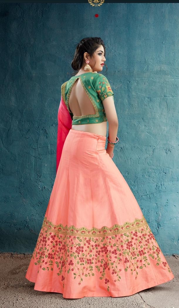 Fancy Peach Color Rayon Silk Designer Wear Girl Lehenga Choli - 56395624