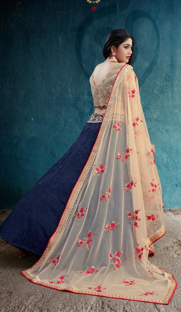 Navy Blue Color Weaved Silk Designer Wear Girl Lehenga Choli - 56395627