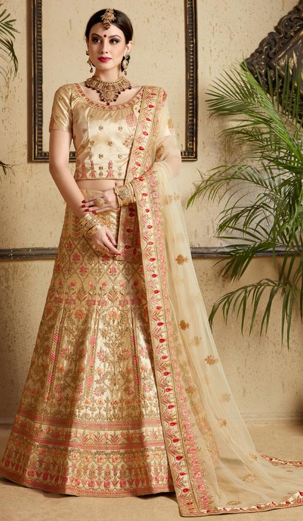 Beige Color Satin Designer Ceremony Wear Lehenga Choli For Women - 56876106