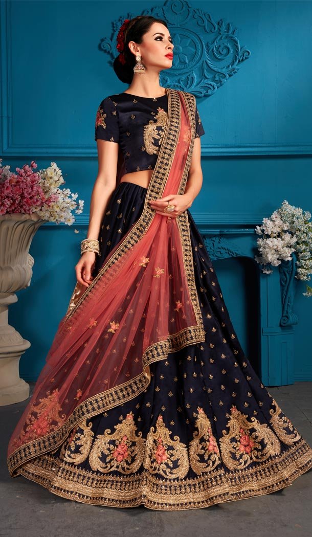 Navy Blue Color Satin Resham Designer Sangeet Wear Lehenga Choli - 59068451