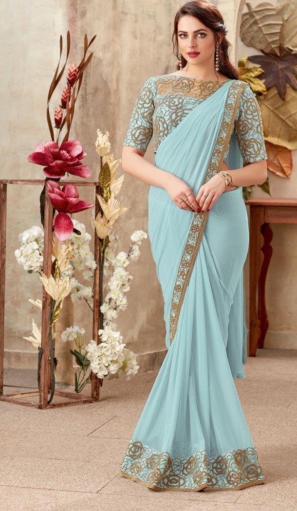 Aqua Blue Color Lycra Lehenga Style Party Wear Saree Blouse Heena