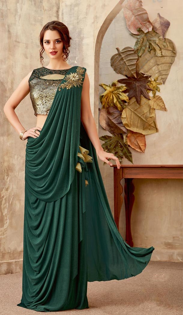 Pine Green Color Lycra Lehenga Style Party Wear Saree Blouse