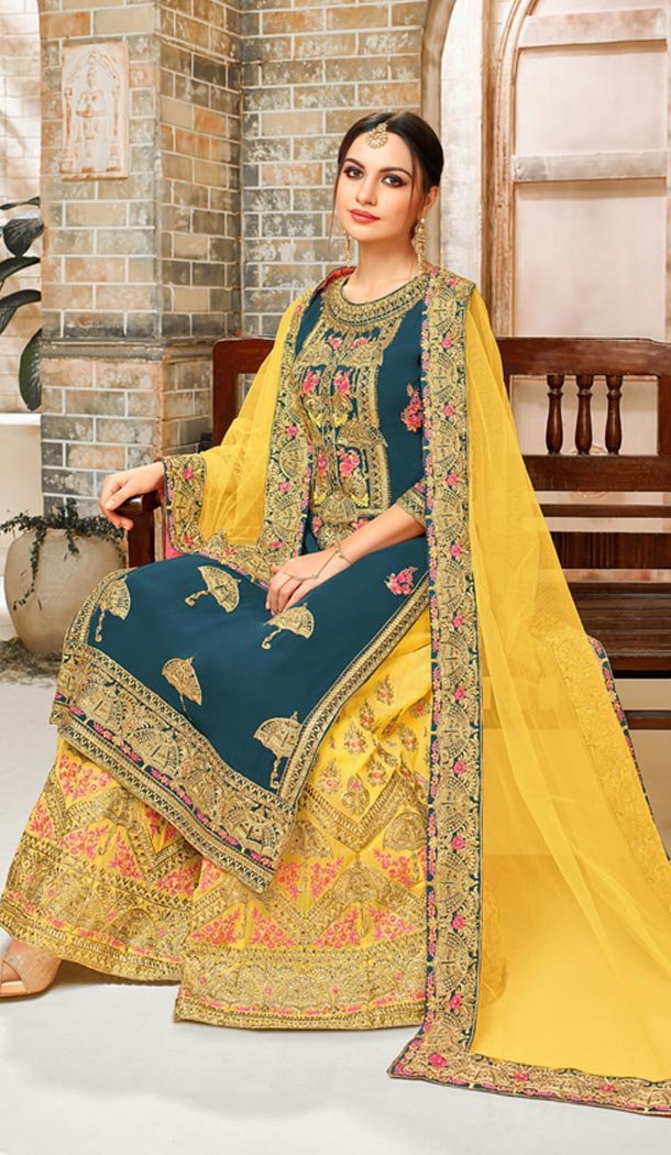 Green Color Faux Georgette Straight Cut Sharara Suit - 404248806
