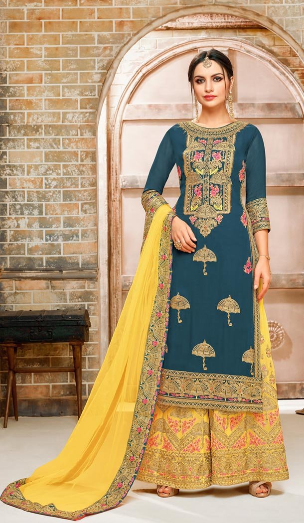 Green Color Faux Georgette Straight Cut Sharara Suit - 404248806