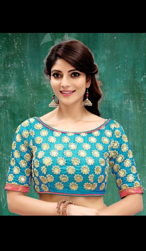 Designer Blue Color Two Ton Silk Neck Readymade Blouse - 355314