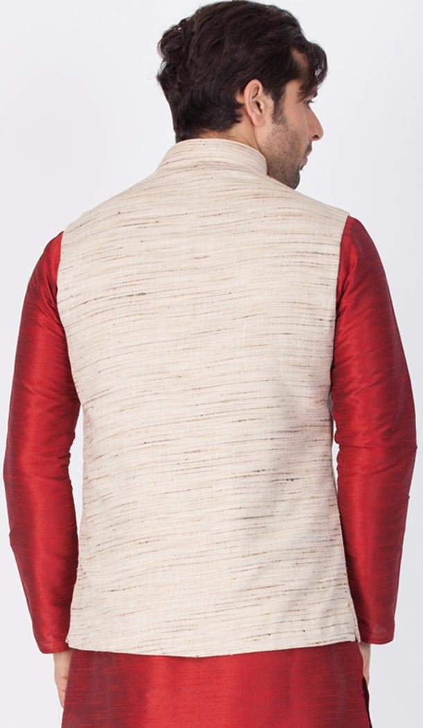 Beige Color Cotton Satin Party Wear Men Readymade Waistcoat - 395347701