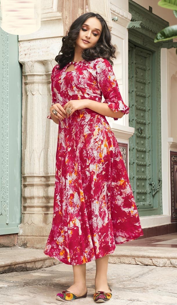 Pink Color Heavy Rayon Exclusive Party Ready Made Printed Kurti - 399848205