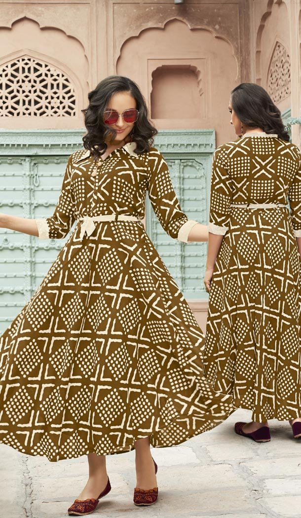 Coffee Color Heavy Rayon Exclusive Party Ready Made Printed Kurti - 399848211