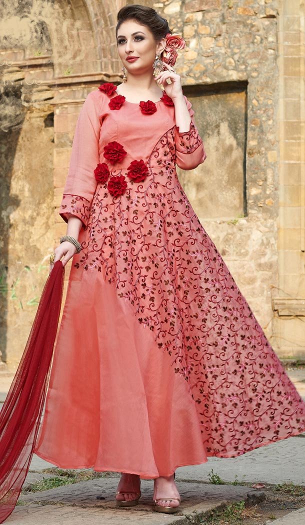 Peach Color Organza Designer Readymade Gown for Women - 404948903
