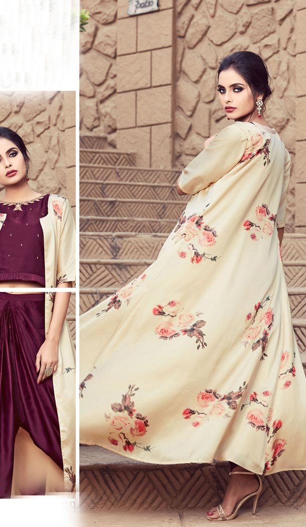 Maroon Color Modal Satin Readymade Designer Indo Western Dhoti Suit Online - 403648761