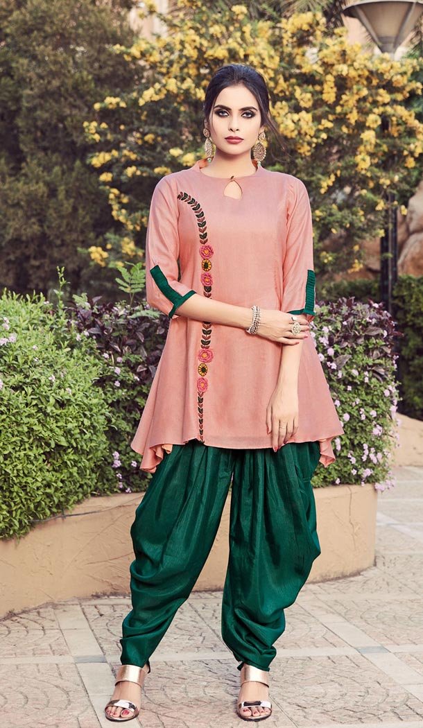 Peach Color Leno Plain Readymade Designer Indo Western Dhoti Suit Online - 403648767