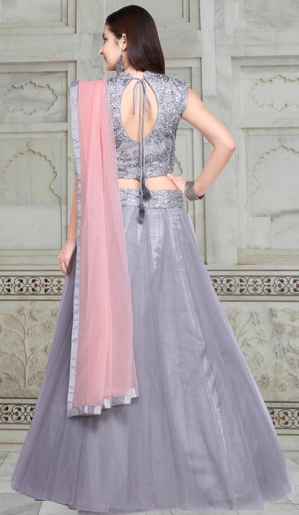 Elegant Grey Color Net Embroidery Designer Girls Lehenga Choli - 403748773