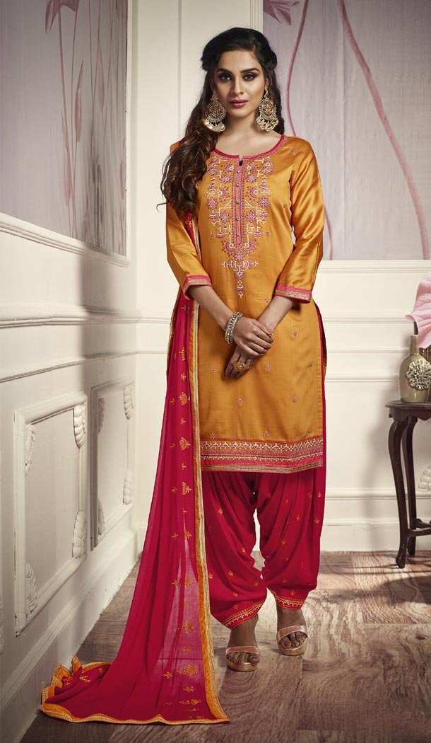 Gleaming Yellow Color Cotton Satin Attractive Party Panjabi Patiala Salwar Suit - 405248956