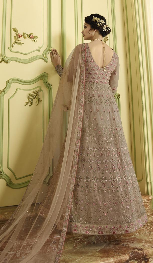 Prachi Desai Floor Length Designer Pakistani Abaya Salwar Kameez in Sand Grey - 59579011