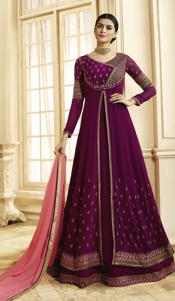 Designer Floor Length Wine Color Georgette Salwar Kameez - 59448845