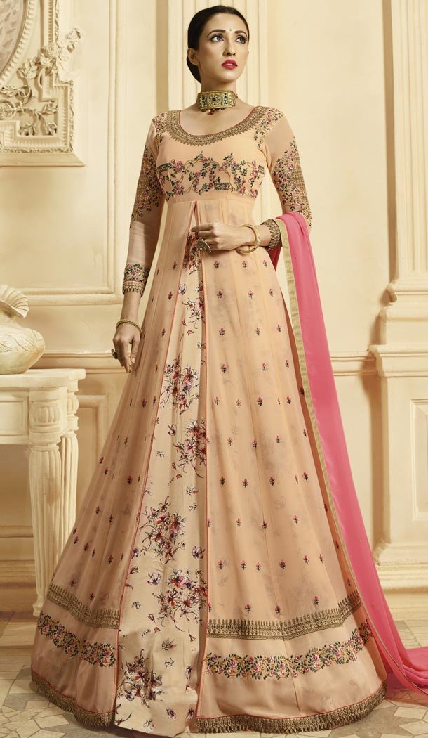 Designer Floor Length Prussian Light Peach Color Georgette Salwar Kameez - 59448847