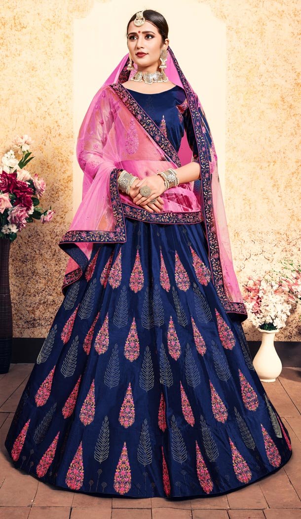 Enigmatic Blue Color Satin Resham Embroidery Wedding Lehenga Choli - 59518935