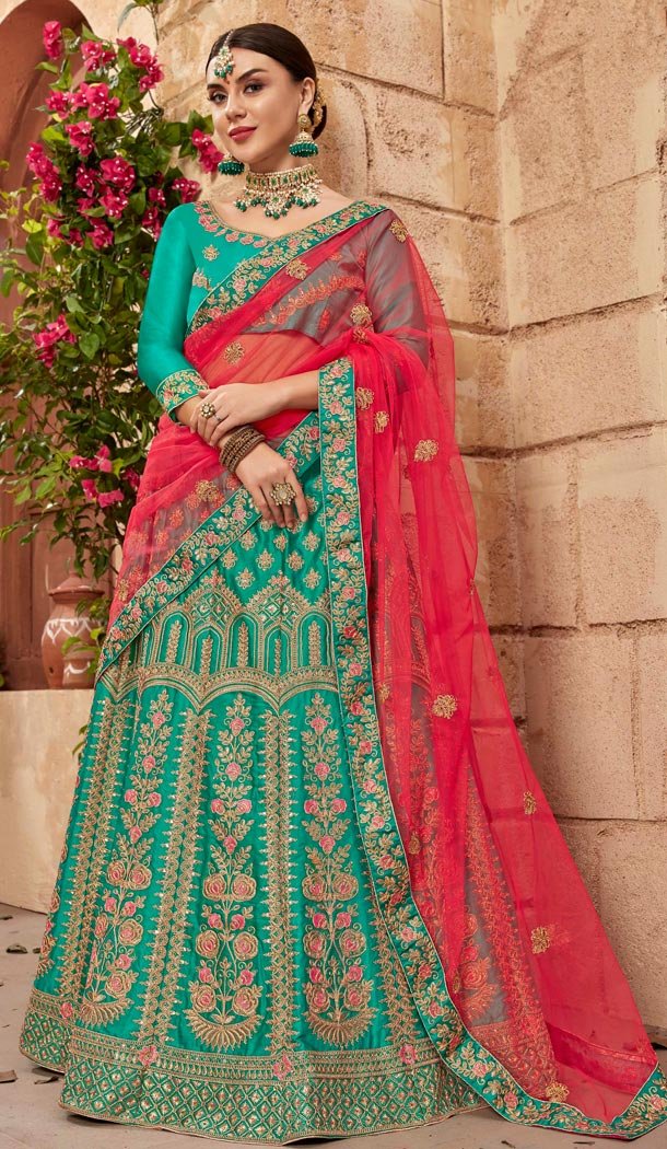 Turquoise Blue Color Satin Silk Embroidery Traditional Lehengas Choli For Women - 59528947