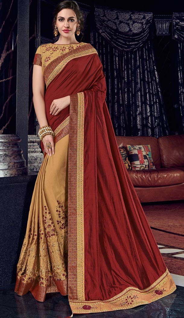 Maroon and Gold Bright Georgette Party Wear Designer Saree - 405649034