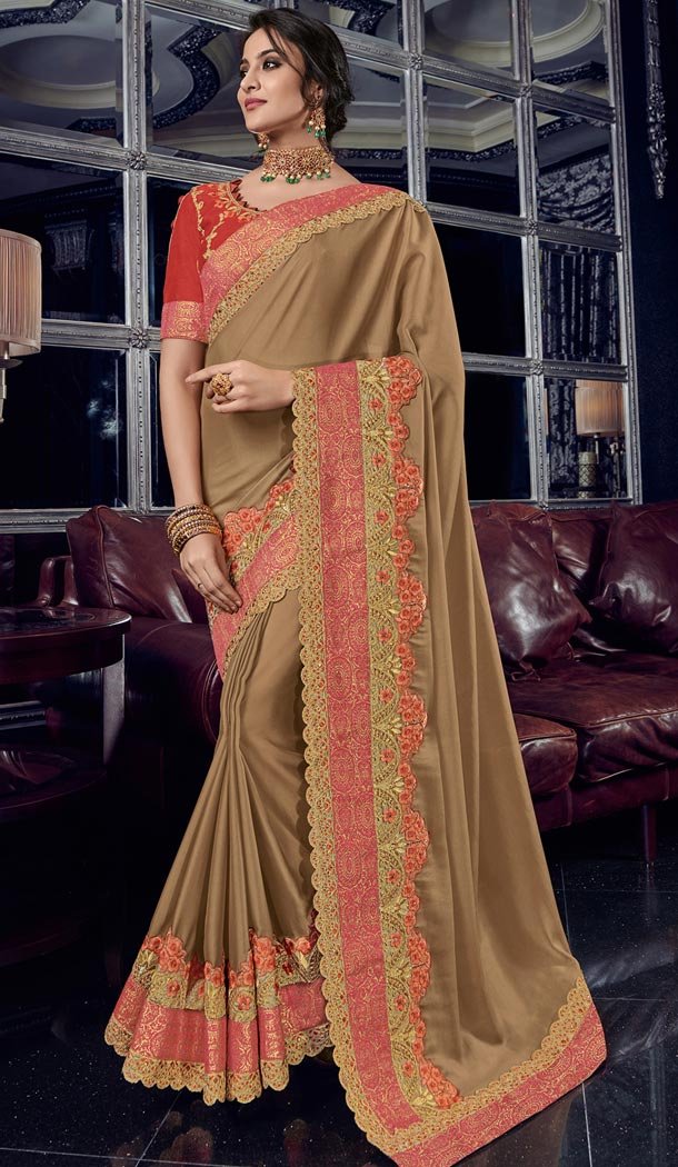 Alluring Beige Color Bright Georgette Party Wear Designer Saree - 405649048