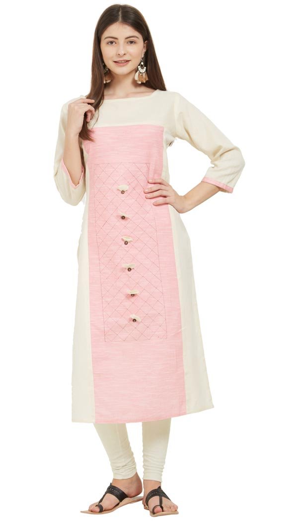 Magnificient White and Pink Color Flax Cotton Party Wear Ready Made Kurtis For Girls - 404548838