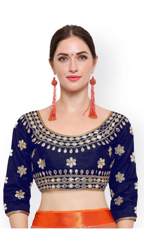 Navy Blue Color Benglori Silk Party Wear Round Nack Readymade Blouse - 405749060