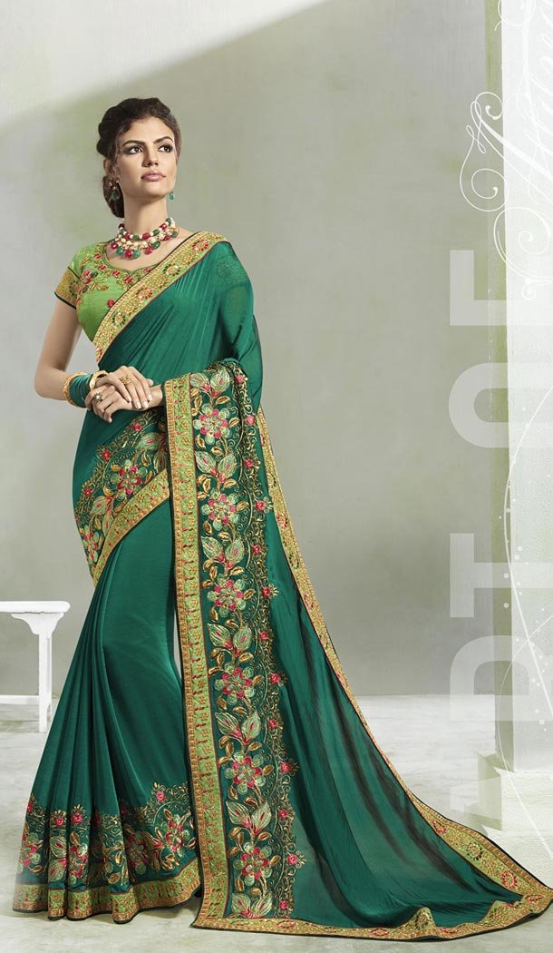 Forest Green Color Silk Two Tone Georgette Treditional Wear Saree - 408649373