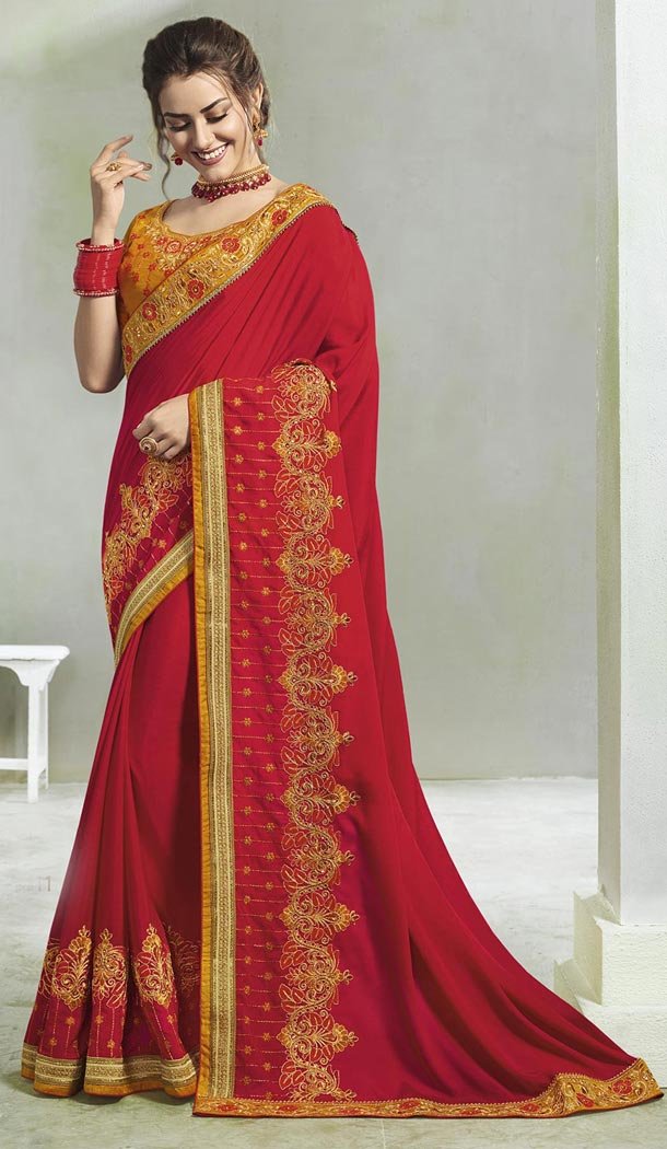Red Color Chinon Silk Treditional Wear Saree - 408649374
