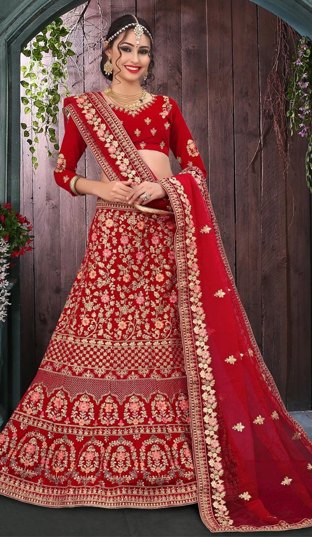 Red Color Velvet Havvy Work Designer Bridel Lehenga Choli For Women - 410549644