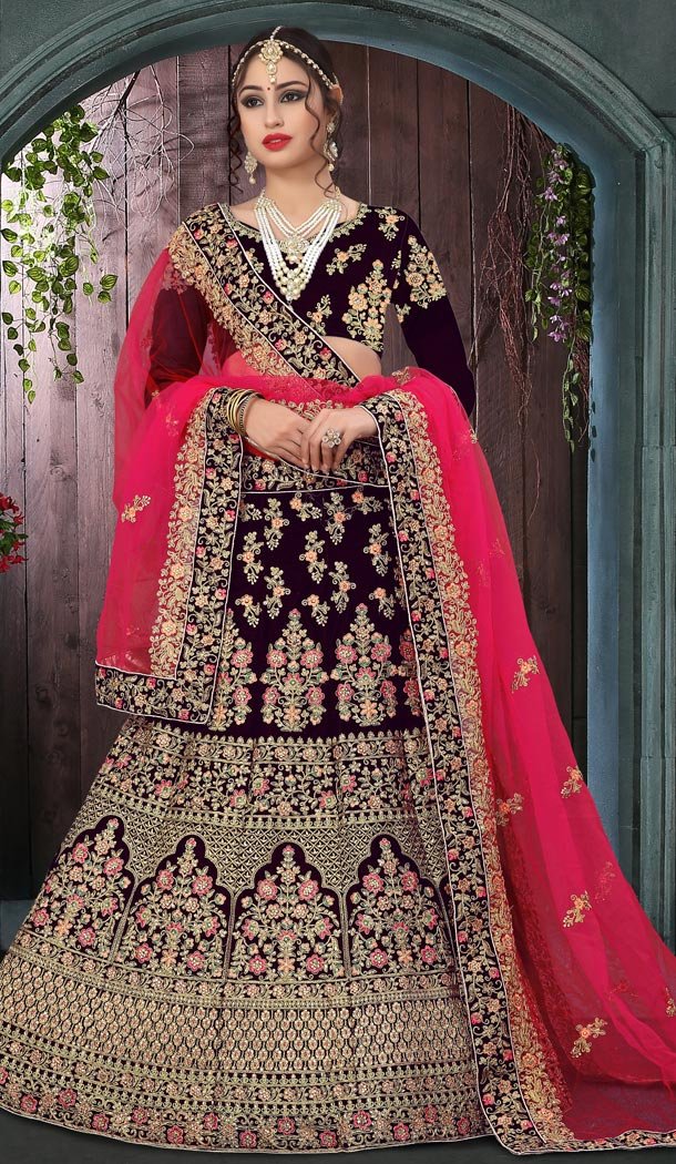 Creamish Brown Color Velvet Havvy Work Designer Bridel Lehenga Choli For Women - 410549647