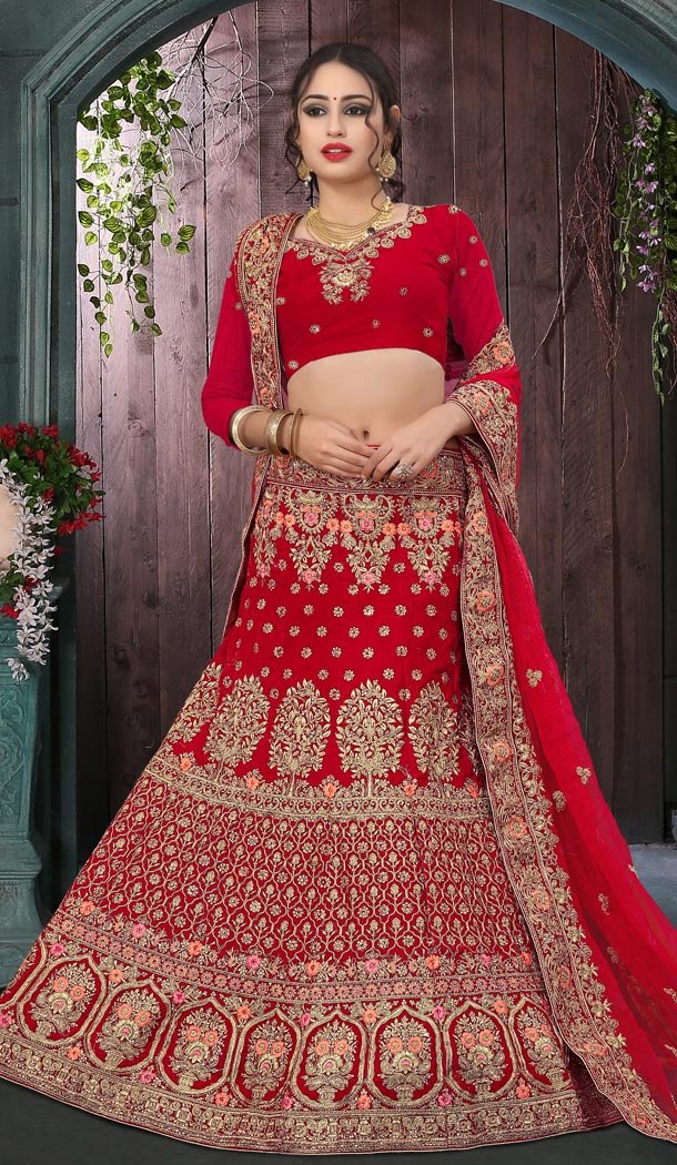 Red Color Velvet Havvy Work Designer Bridel Lehenga Choli For Women - 410549652